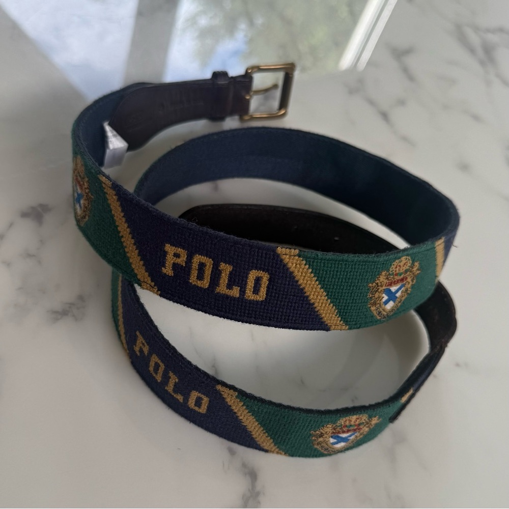 Polo by Ralph Lauren Navy and Green Crest Belt with Leather trim - Size 38